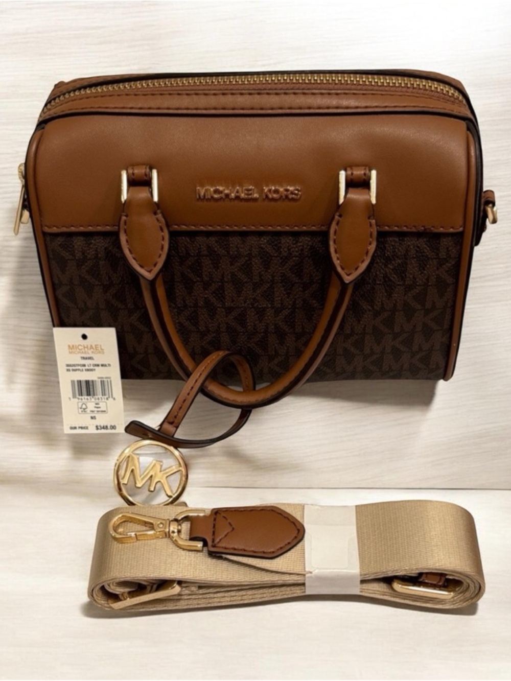 Michael Kors Brown and Tan Logo Dome Satchel with Gold Hardware NWT